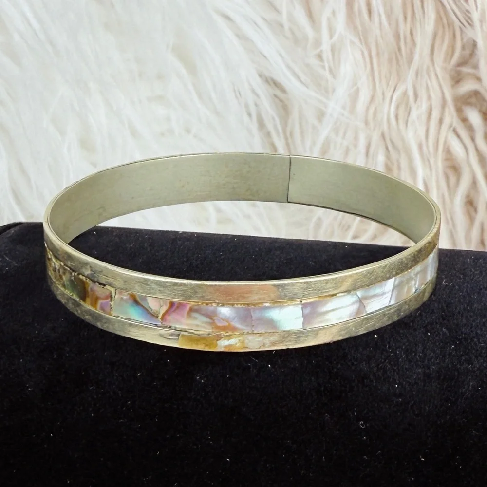 Vintage Boho Chic Oxidized Silvertone Abalone Mexico Stacking Bangle Bracelet